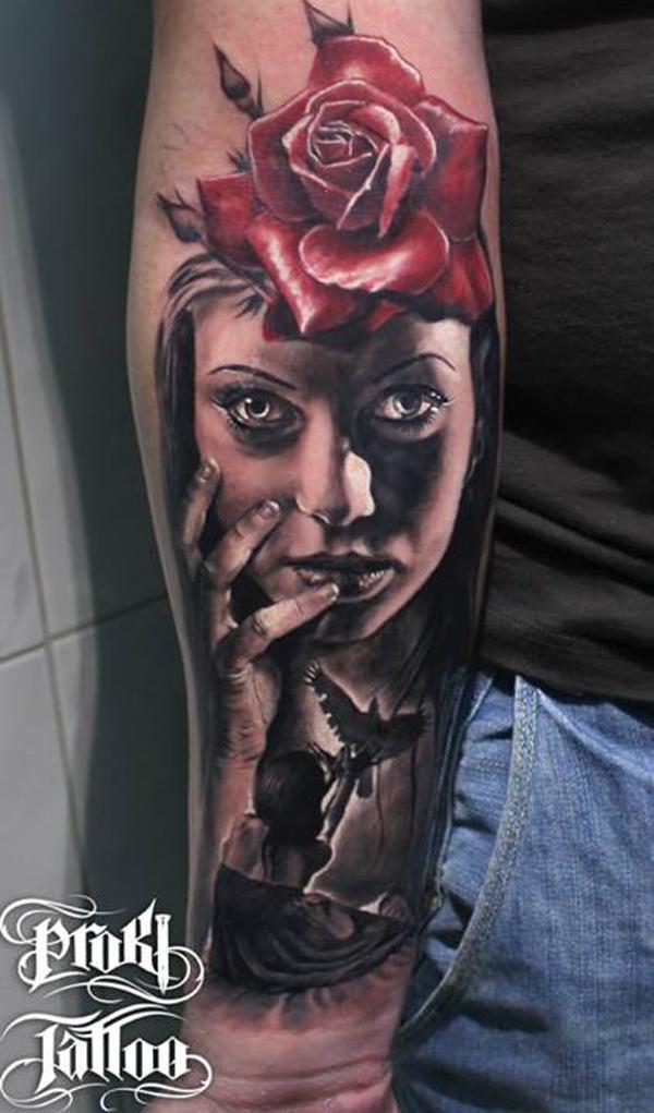 Portrait Tattoo mit Mädchen, Rose und Taube im 3D-Effekt