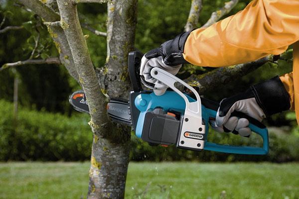 travailler avec une tronçonneuse dans le jardin