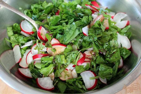 ensalada de ajo silvestre, rábano y pepino