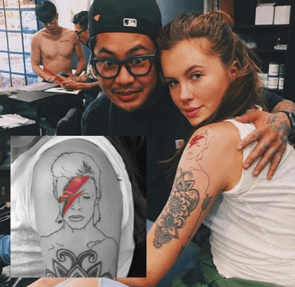 Ireland Baldwin Der Tätowierer verbringt viel Zeit mit Irland, der Tochter von Alec Baldwin, der vielleicht einer der wenigen Prominenten in dieser Galerie mit viel Tinte ist. Abgebildet ist das David Bowie-Porträt, das sie im September 2015 bekam, bevor die Legende starb.